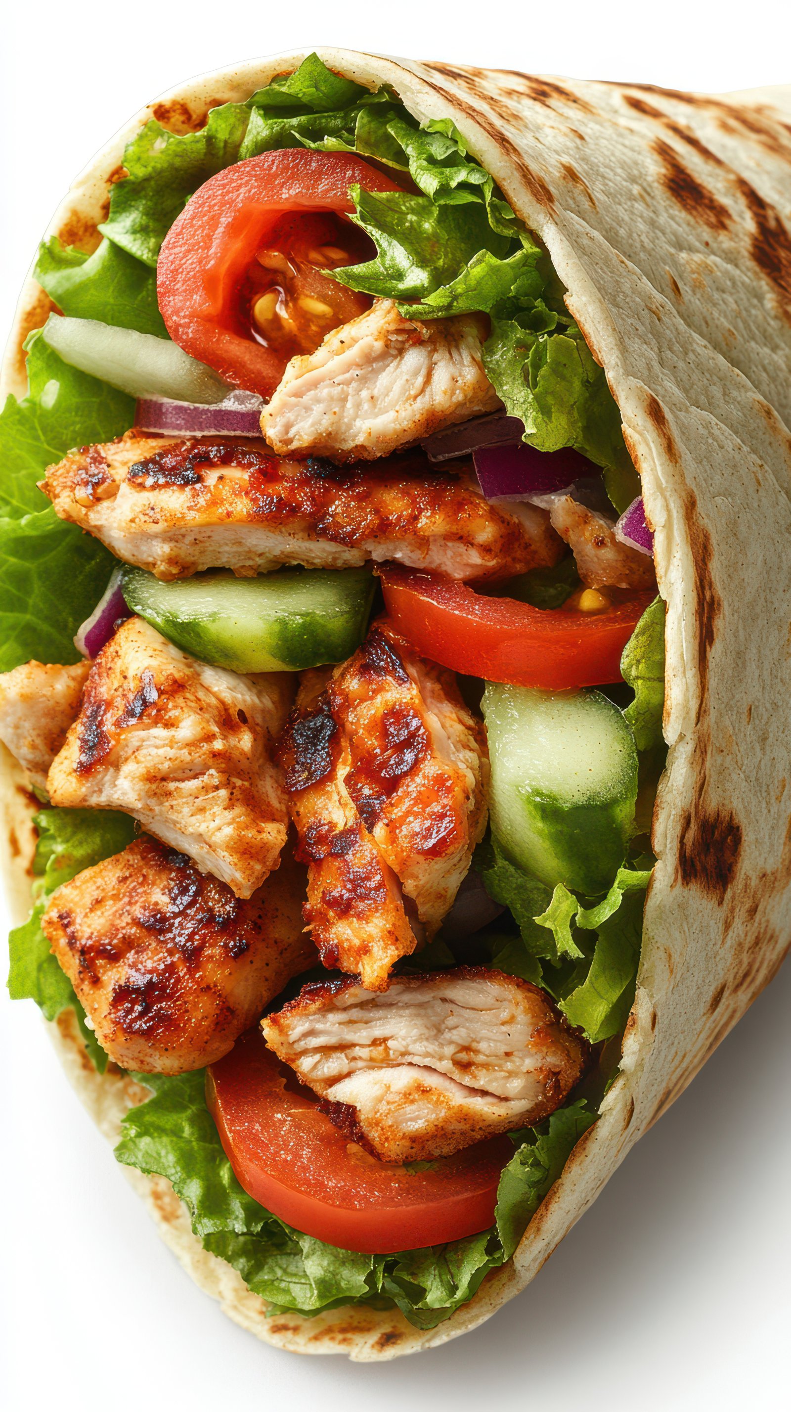 Freshly prepared grilled chicken wrap with crisp vegetables and flavorful spices